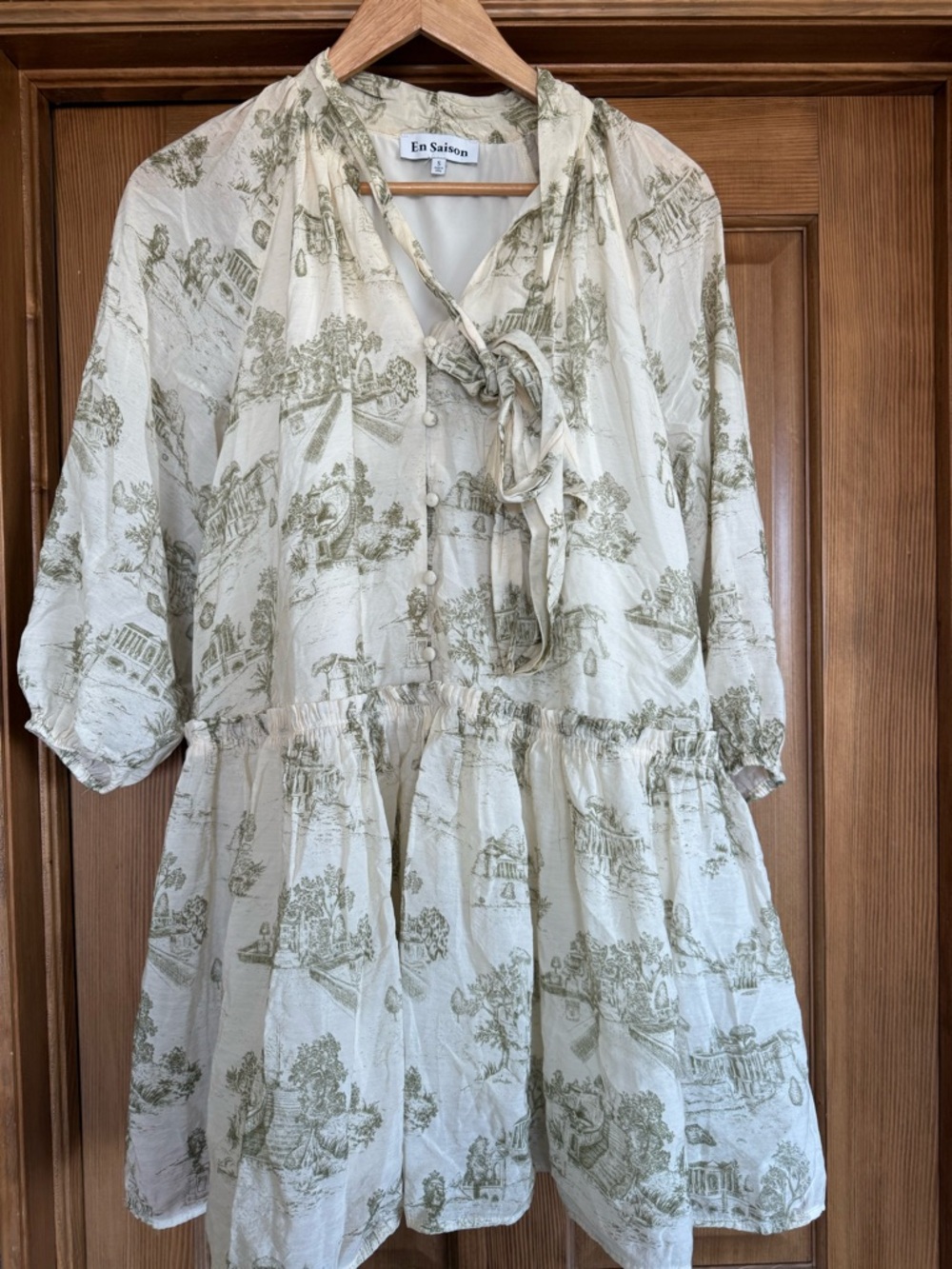 En Saison Cream and Olive Toile Peasant Tunic Dress